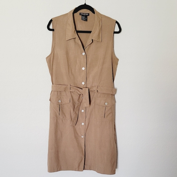 Vintage HASLTON Khaki Sleeveless Button-Down Dress Sz 12 - Picture 2 of 13